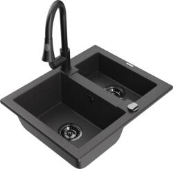 Mexen Carlos chiuvetă de granit cu 1, 5 cuve și baterie bucătărie Elia, negru cu pete - 6518-76-670101-70-B (6518-76-670101-70-B)