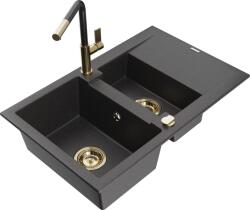 Mexen Gaspar chiuvetă de granit cu 1, 5 compartimente, cu scurgător și baterie de bucătărie Flora, negru cu pete (6507-76-670401-75-G)
