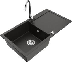 Mexen Leo chiuvetă de granit cu 1 compartiment cu scurgător și baterie de bucătărie Telma, negru/auriu metalic (6501-75-670200-00)
