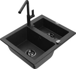 Mexen Carlos chiuvetă de granit cu 1, 5 cuve și baterie de bucătărie Flora, negru/argintiu metalic - 6518-73-670401-70-B (6518-73-670401-70-B)