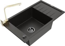 Mexen Elias chiuvetă de bucătărie granit, 1 cuvă cu scurgător și baterie de bucătărie Rita, negru/auriu metalizat - 6511-75-6703 (6511-75-670300-50-B)