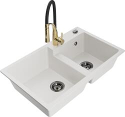 Mexen Tomas chiuvetă de bucătărie din granit cu 2 compartimente și baterie de bucătărie Aster, albă - 6516-20-73450-57-B (6516-20-73450-57-B)