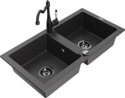 Mexen Mario chiuvetă din granit cu 2 cuve și baterie de bucătărie Carla, negru cu pete - 6504-76-670700-70-B (6504-76-670700-70-B)
