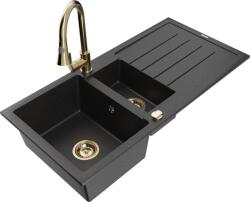 Mexen Andres chiuvetă de bucătărie din granit cu 1, 5 compartimente, cu picurător și baterie Elia, negru/metalizat argintiu (6515-73-670101-50)