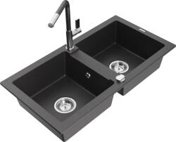 Mexen Mario chiuvetă granitică cu 2 compartimente și baterie de bucătărie Flora, negru cu pete - 6504-76-670401-08 (6504-76-670401-08)