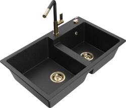 Mexen Tomas chiuvetă de granit cu 2 camere și baterie de bucătărie Flora, negru/argintiu metalizat - 6516-73-670401-57-G (6516-73-670401-57-G)