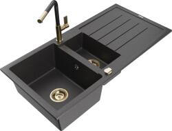 Mexen Andres chiuvetă de granit cu 1, 5 cuve și scurgător și baterie de bucătărie Flora, negru pătat - 6515-76-670401-75-G (6515-76-670401-75-G)