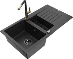 Mexen Matias chiuvetă de granit cu 1, 5 compartimente, cu scurgător și baterie de bucătărie Flora, negru/argintiu - 6502-73-67040 (6502-73-670401-57-B)