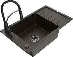 Mexen Elias chiuvetă de bucătărie din granit cu o cuvă și scurgător și robinet de bucătărie Aster, negru/auriu metalic (6511-75-73450-70-B)