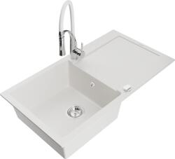 Mexen Leo chiuvetă de granit cu un compartiment, cu picurător și baterie de bucătărie Aster, Albă - 6501-20-73450-02 (6501-20-73450-02)