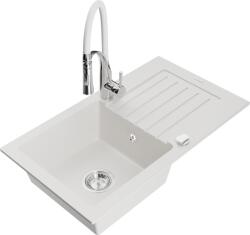 Mexen Pablo chiuvetă de bucătărie din granit cu o singură cuvă, cu scurgător și baterie de bucătărie Aster, albă (6510-20-73450-02)