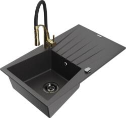 Mexen Cesar chiuvetă de granit cu 1 cuvă cu picurător și baterie de bucătărie Aster, negru stropit - 6514-76-73450-57-B (6514-76-73450-57-B)