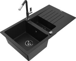 Mexen Matias chiuvetă de granit cu 1, 5 cuve și scurgător și baterie de bucătărie Flora, negru - 6502-77-670401-07-B (6502-77-670401-07-B)