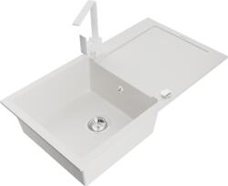 Mexen Leo chiuvetă de bucătărie din granit cu o cuvă și scurgător cu baterie Rita, albă - 6501-20-670300-20 (6501-20-670300-20)