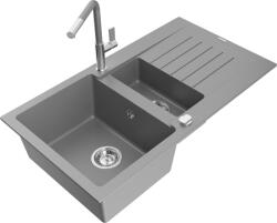 Mexen Matias chiuvetă de granit cu 1, 5 compartimente cu scurgător și robinet de bucătărie Flora, gri - 6502-71-670401-06 (6502-71-670401-06)