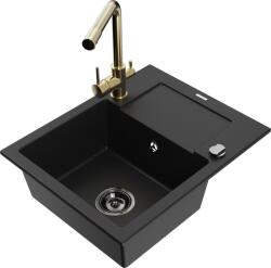 Mexen Enzo chiuvetă de granit cu 1 compartiment cu picurător și baterie de bucătărie Duero, neagră - 6506-77-671600-50-B (6506-77-671600-50-B)