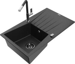 Mexen Cesar chiuvetă de bucătărie din granit cu 1 compartiment, cu picurător și baterie Flora, negru/metalizat argintiu - 6514-7 (6514-73-670401-07-B)