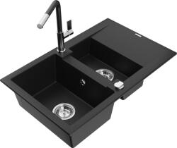 Mexen Gaspar chiuvetă din granit cu 1, 5 cuve cu scurgător și baterie de bucătărie Flora, negru - 6507-77-670401-07 (6507-77-670401-07)