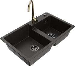 Mexen Tomas chiuvetă de granit cu 2 compartimente cu baterie de bucătărie Telma, negru/auriu metalic - 6516-75-670200-50-B (6516-75-670200-50-B)