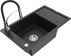Mexen Elias chiuvetă din granit cu 1 compartiment cu scurgător și baterie de bucătărie Aster, negru/auriu metalic (6511-75-73450-70)