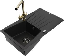 Mexen Cesar chiuvetă de granit cu o cuvă cu picurător și baterie de bucătărie Duero, neagră - 6514-77-671600-50-B (6514-77-671600-50-B)