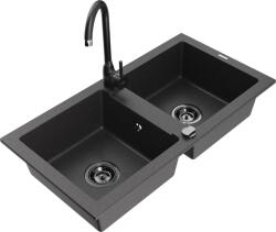 Mexen Mario chiuvetă de granit cu 2 compartimente și baterie de bucătărie Telma, negru cu pete - 6504-76-670200-70-B (6504-76-670200-70-B)