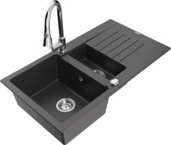Mexen Matias chiuvetă de granit cu 1, 5 compartimente cu scurgător și baterie de bucătărie Elia, negru pătat - 6502-76-670101-00 (6502-76-670101-00)