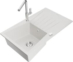 Mexen Cesar chiuvetă de granit cu 1 compartiment, cu scurgător și baterie de bucătărie Flora, alb - 6514-20-670401-00 (6514-20-670401-00)