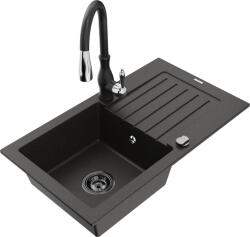 Mexen Pablo chiuvetă de bucătărie din granit cu 1 compartiment cu scurgător și baterie de bucătărie Savita, negru/auriu metalic (6510-75-672601-70-B)