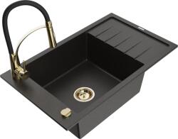 Mexen Elias chiuvetă de granit cu o cameră, cu scurgător și baterie de bucătărie Aster, negru/auriu metalic (6511-75-73450-57-G)