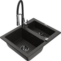 Mexen Carlos chiuvetă de bucătărie din granit, 1, 5 compartimente, cu baterie de bucătărie Aster, negru/or metalizat auriu (6518-75-73450-07-B)