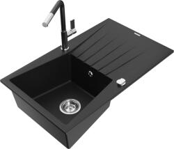 Mexen Cesar chiuvetă din granit cu 1 compartiment cu picurător și baterie de bucătărie Flora, negru - 6514-77-670401-07 (6514-77-670401-07)
