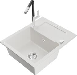 Mexen Enzo chiuvetă de granit cu 1 compartiment, cu scurgător și baterie de bucătărie Flora, alb - 6506-20-670401-07 (6506-20-670401-07)