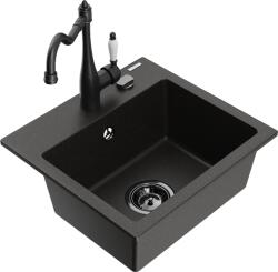 Mexen Milo chiuvetă de bucătărie din granit cu 1 cuvă și baterie de bucătărie Carla, negru/auriu metalizat (6505-75-670700-70-B)