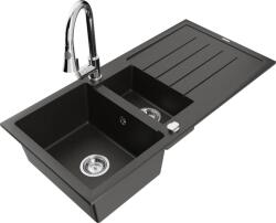 Mexen Andres chiuvetă de granit cu 1, 5 cuve și picurător și baterie de bucătărie Elia, negru/auriu metalizat - 6515-75-670101-00 (6515-75-670101-00)