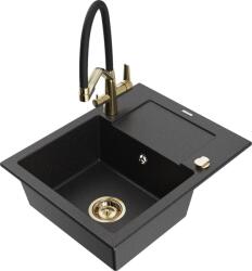 Mexen Enzo chiuvetă de bucătărie din granit cu 1 cuvă cu scurgător și baterie de bucătărie Duo, negru/argintiu metalizat - 6506- (6506-73-671701-57-G)