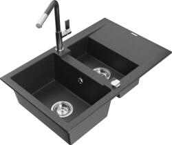 Mexen Gaspar chiuvetă de bucătărie din granit cu 1, 5 cuve, cu scurgător și baterie Flora, neagră cu pete (6507-76-670401-08)