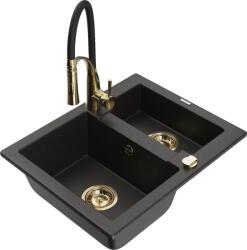 Mexen Carlos chiuvetă de bucătărie din granit cu 1, 5 compartimente cu baterie de bucătărie Aster, negru/auriu metalizat (6518-75-73450-57-G)