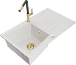 Mexen Cesar chiuvetă de granit cu un compartiment, cu picurător și baterie de bucătărie Flora, Albă - 6514-20-670401-57-G (6514-20-670401-57-G)