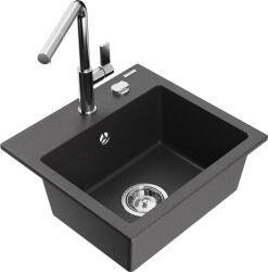 Mexen Milo chiuvetă de granit cu 1 compartiment cu baterie de bucătărie Flora, negru cu pete - 6505-76-670401-00 (6505-76-670401-00)