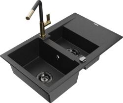 Mexen Gaspar chiuvetă de granit 1, 5 cuve cu picurător și baterie de bucătărie Flora, negru/argintiu - 6507-73-670401-57-B (6507-73-670401-57-B)