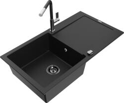 Mexen Leo chiuvetă de granit cu 1 compartiment cu scurgător și baterie de bucătărie Flora, negru - 6501-77-670401-07-B (6501-77-670401-07-B)