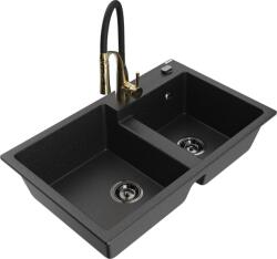 Mexen Tomas chiuvetă de bucătărie din granit, cu 2 compartimente și baterie de bucătărie Aster, negru/argintiu metalizat (6516-73-73450-57-B)
