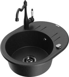 Mexen Kevin chiuvetă de granit cu 1 compartiment cu scurgător și baterie de bucătărie Carla, negru/argintiu metalic - 6517-73-67 (6517-73-670700-70-B)