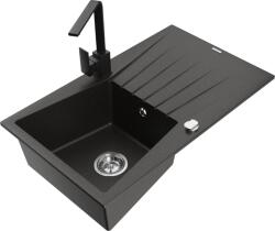Mexen Cesar chiuvetă din granit cu 1 cuvă, scurgător și baterie de bucătărie Rita, negru/auriu metalic - 6514-75-670300-70 (6514-75-670300-70)