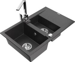 Mexen Gaspar chiuvetă de bucătărie din granit cu 1, 5 compartimente, cu scurgător și baterie Rita, negru stropit (6507-76-670300-00)