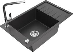Mexen Elias chiuvetă de bucătărie din granit cu o cuvă și scurgător, cu baterie Flora, negru cu pete - 6511-76-670401-08 (6511-76-670401-08)
