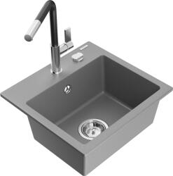 Mexen Milo chiuvetă de bucătărie din granit cu 1 compartiment și robinet Flora, gri - 6505-71-670401-07 (6505-71-670401-07)