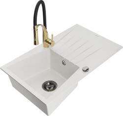 Mexen Cesar chiuvetă de granit cu 1 compartiment cu scurgător și baterie de bucătărie Aster, albă - 6514-20-73450-57-B (6514-20-73450-57-B)