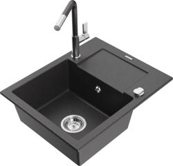 Mexen Enzo chiuvetă de granit cu 1 cuvă și picurător și baterie de bucătărie Flora, negru pătat - 6506-76-670401-08 (6506-76-670401-08)